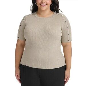 DKNY Women's Plus Size Round Neck Short-Sleeve Ribbed-Knit Top Pullover Tan 2X